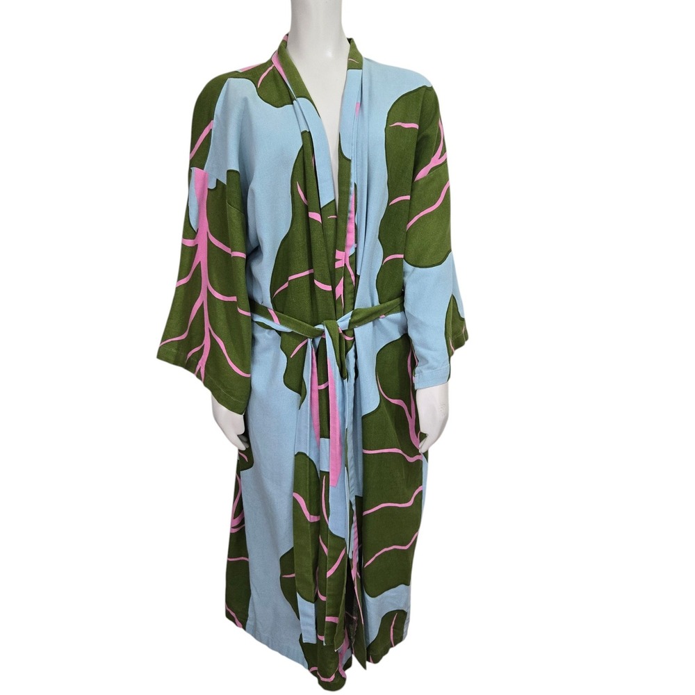 Marimekko IKEA Bastua Kimono Robe Women One Size Blue Green Pink Leaf Print